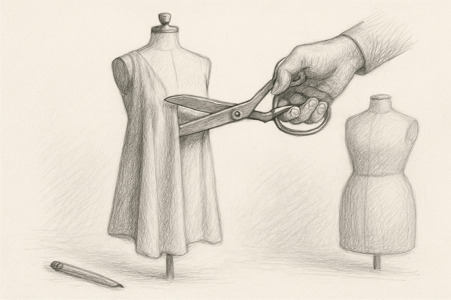 Cristóbal Balenciagaが鉛筆を握らず、生地に直接鋏を入れて彫刻のような服を生んだ構築主義のDNAを理解させる