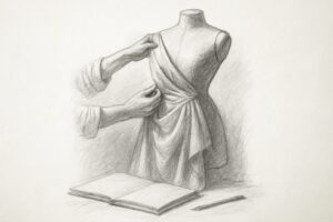 スケッチではなく生地から服を彫り起こす、という創業者の根源的方法を象徴として掴ませる