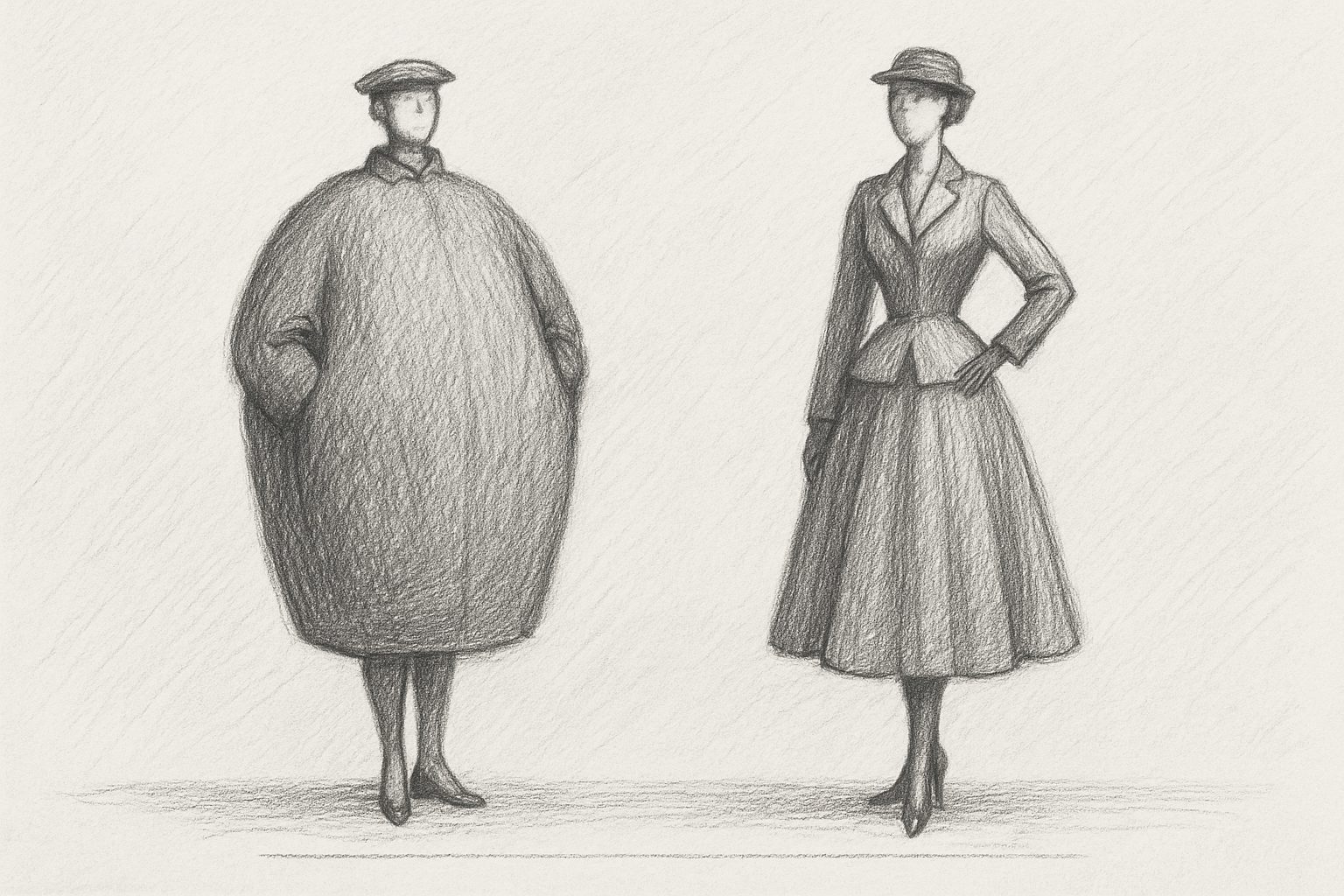同年のDiorの砂時計シルエットとBalenciagaの樽型が正反対の思想であったことを対比で理解させる