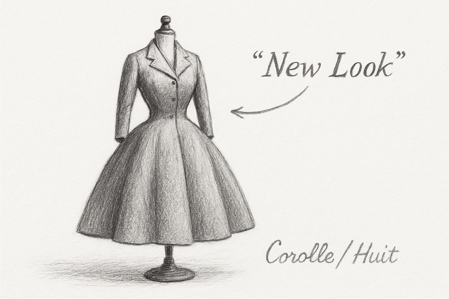 作り手の命名(Corolle/Huit)を、見た者の一言(New Look)が押しのけて歴史に残った逆転の構造を理解させる