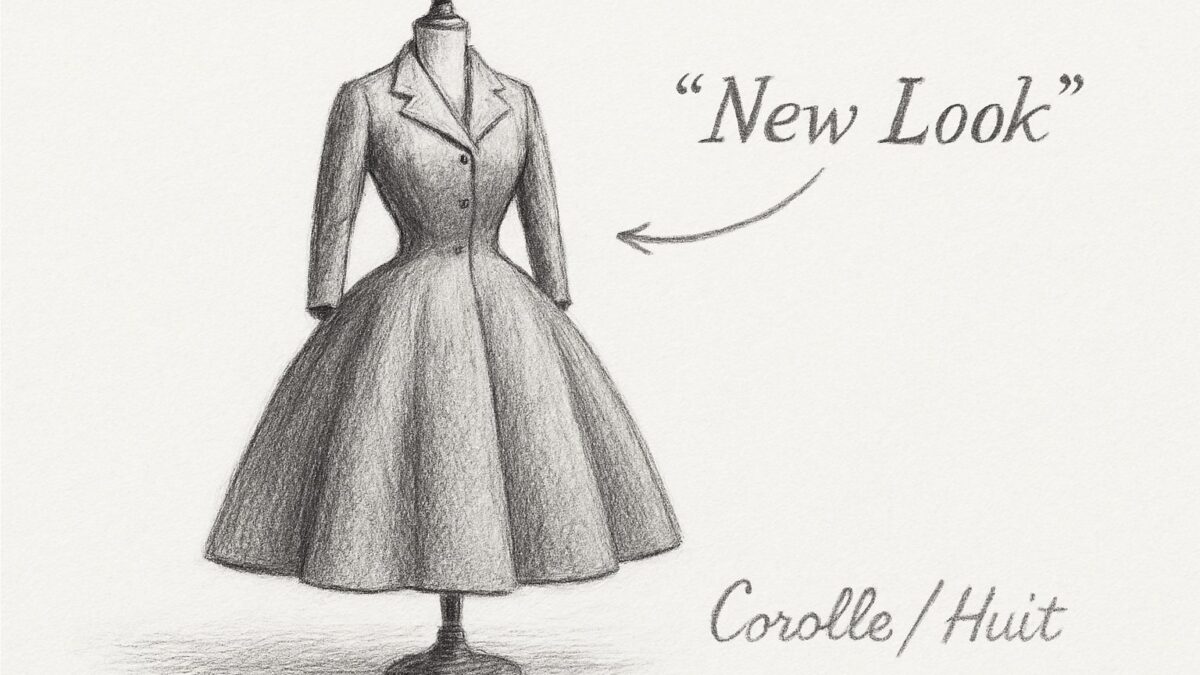 作り手の命名（Corolle/Huit）を、見た者の一言（New Look）が押しのけて歴史に残った逆転の構造を理解させる