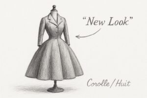作り手の命名（Corolle/Huit）を、見た者の一言（New Look）が押しのけて歴史に残った逆転の構造を理解させる