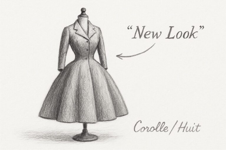 作り手の命名（Corolle/Huit）を、見た者の一言（New Look）が押しのけて歴史に残った逆転の構造を理解させる