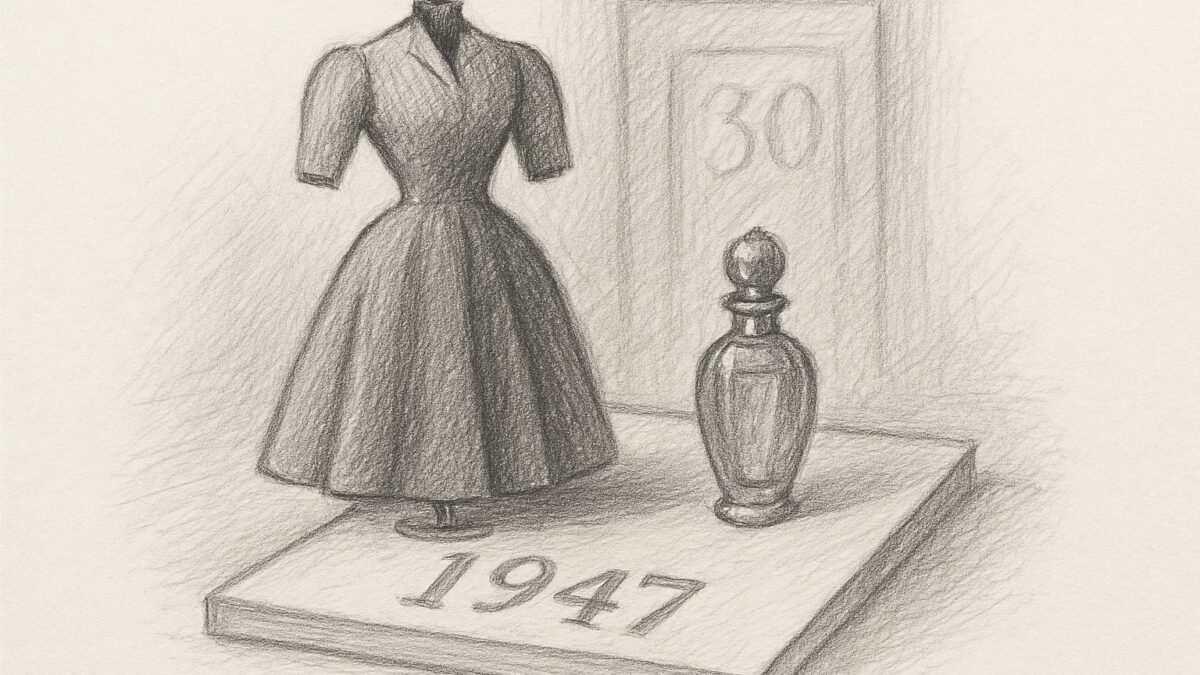 香水が服の成功後の副業ではなく、創業と同じ一年のうちに並走して生まれた事実を、時間の同居として理解させる