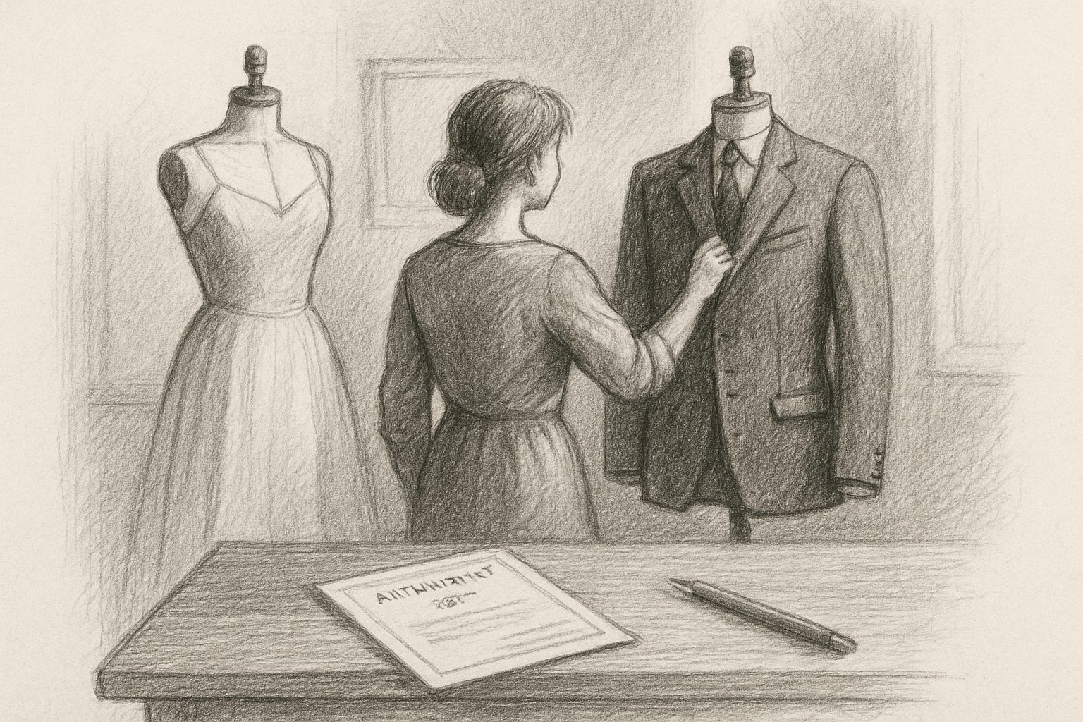 女性クチュールの訓練を積んだ者が男服へと転じた経路そのものが、彼女の仕事の質を決めたことを理解させる