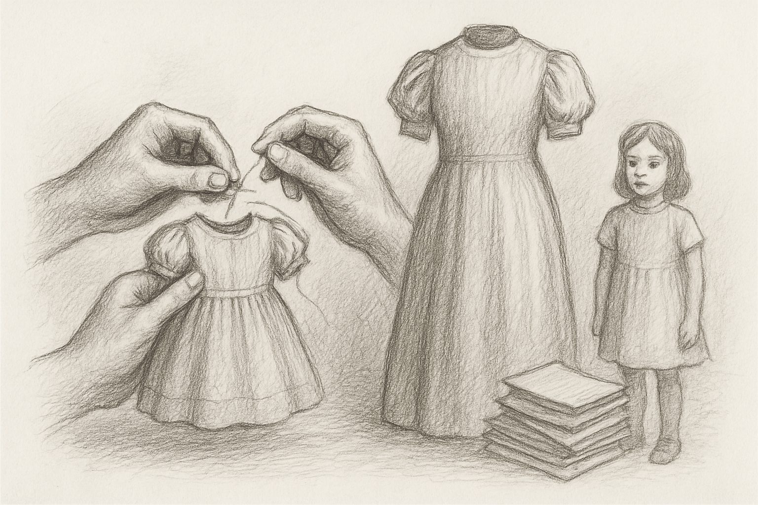母が娘のために仕立てた服が事業へと変わり、当時モードの外にあった子どもが装いの対象になった逆転を理解させる