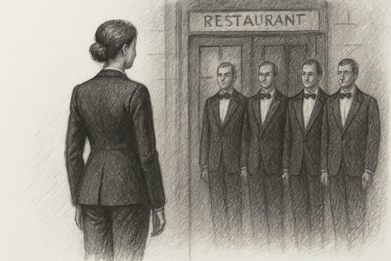 黒い夜の礼服が単なる衣類でなく、誰が着てよいかを定める社会の制度であり、女性がそれを纏うことが規範への越境だったと理解させる