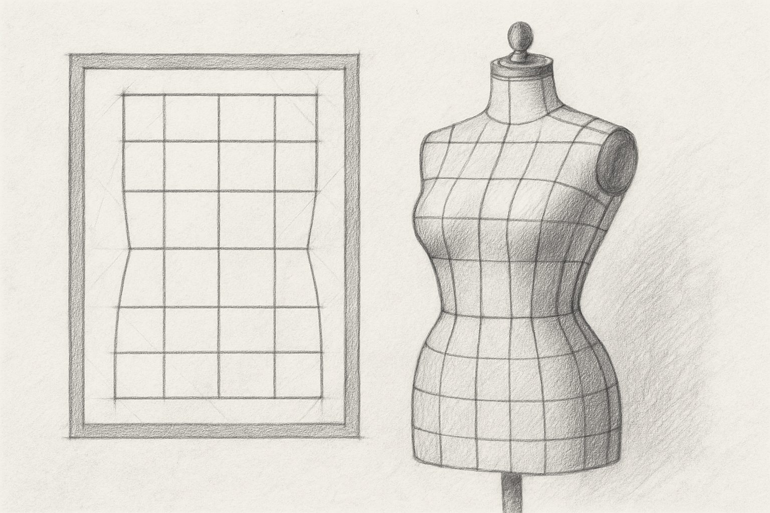 平面の絵画を立体の身体の上で平面に見せるための逆算された裁断であることを理解させる