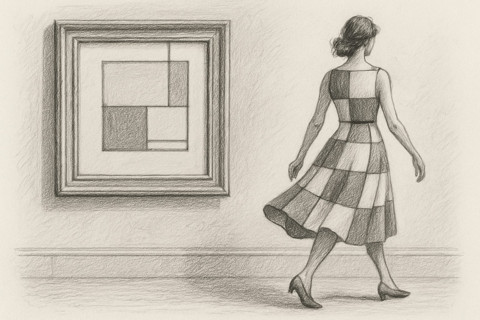 額縁のなかで静止していた絵画が、動く身体とともに部屋を横切る着装物へ変わることを理解させる