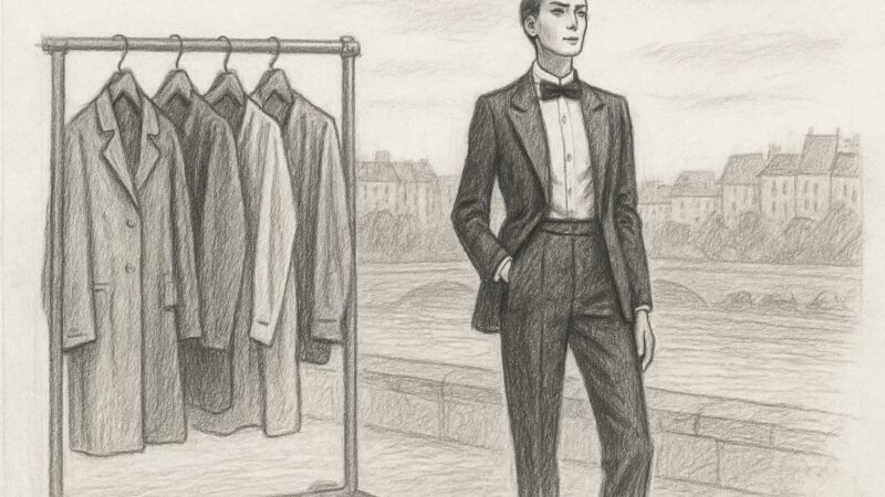 男性の礼服を女性へ翻訳しつつ、それを街の棚へ開くという二重の革命が同時に起きたことを一枚で象徴させる