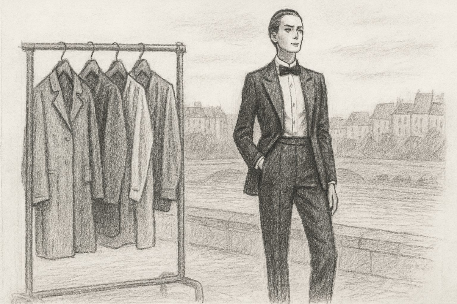 男性の礼服を女性へ翻訳しつつ、それを街の棚へ開くという二重の革命が同時に起きたことを一枚で象徴させる