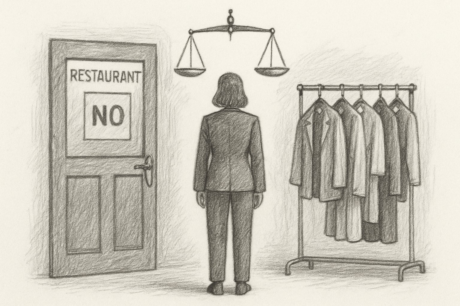 男の服を借りることが服従なのか解放なのかという答えの出ない問いを、対立する二要素の同居として提示する