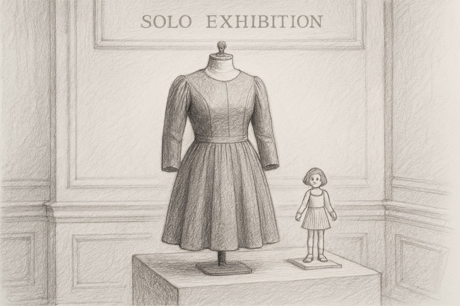 紙人形の少年が美術館に入り、服が展示対象となりデザイナーが作家になった道を理解させる