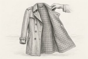 チェックが本来は表舞台の模様ではなく、トレンチコートの内側に隠れた裏地だったこと、そしてその機能はギャバジンという素材革命と極限環境の物語に裏打ちされていることを理解させる。