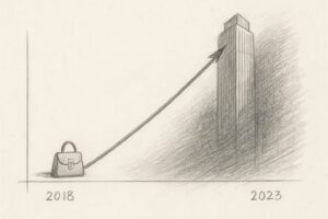 5年で売上が2.6倍に跳ね上がった事実を、静かな贅沢と派手な数字の対比として理解させる