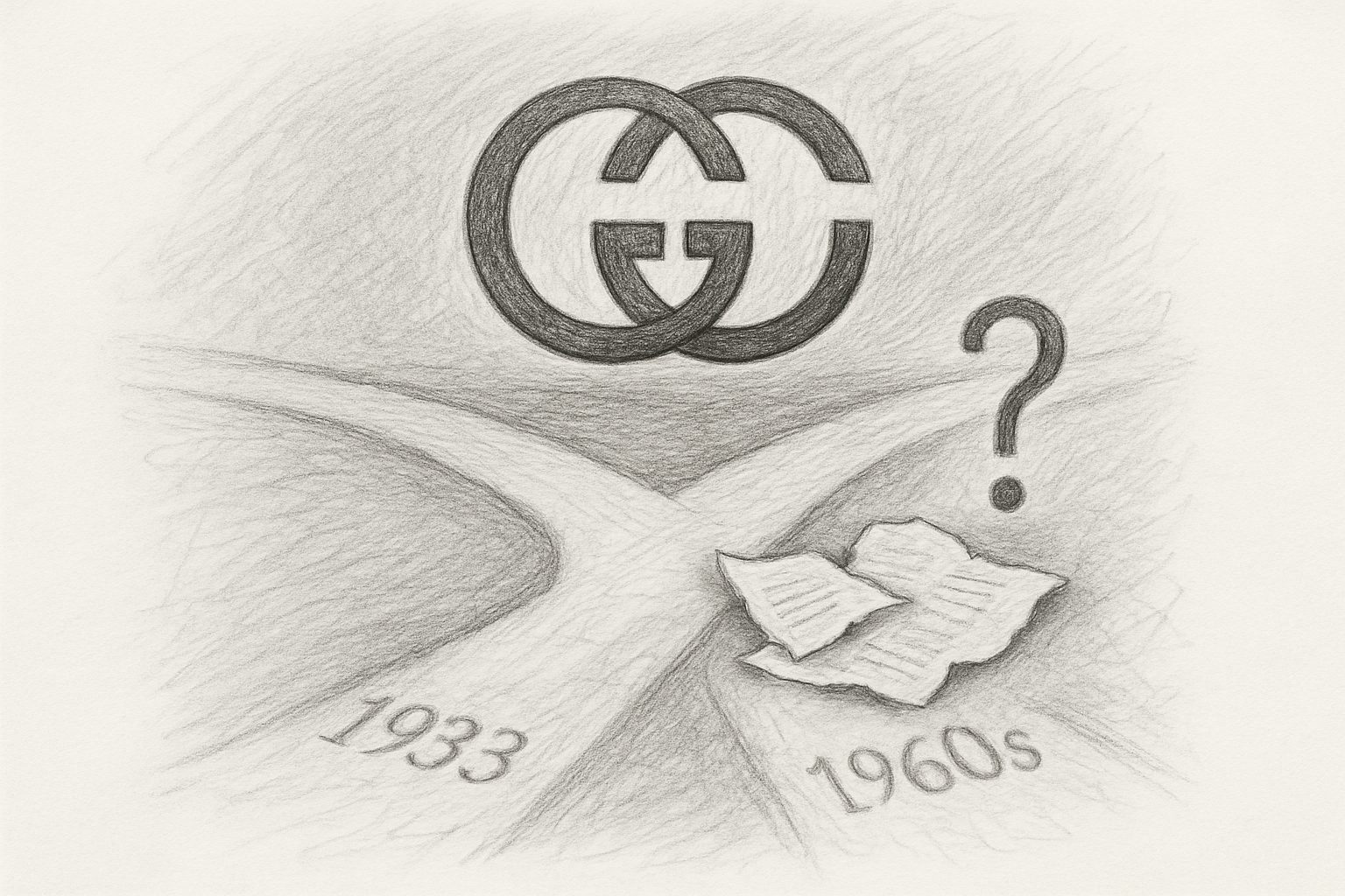 GGロゴの成立年をめぐり1960年代説と1933年説が割れている不確かさを、視覚的に象徴させる