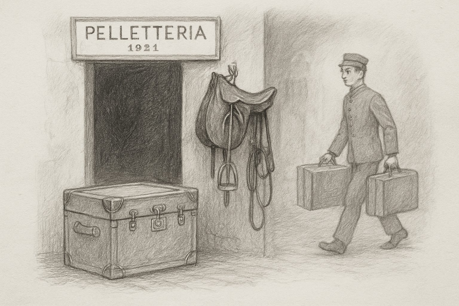 1921年フィレンツェの革工房が旅行鞄と乗馬用品を扱う同族の店だった出自を理解させる