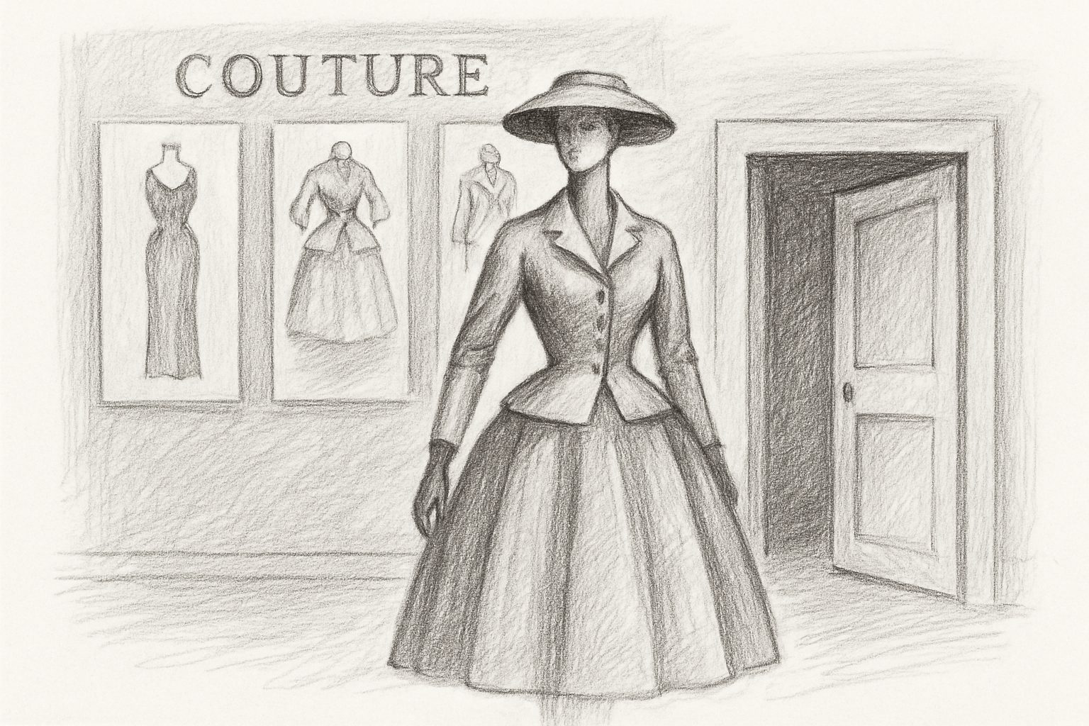 1947年のニュールックや撤退・回顧展など、服の意味を変えた転換点を象徴として捉える