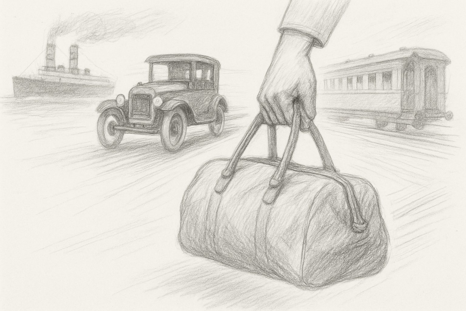 1920〜30年代に旅が蒸気船から自動車・鉄道へと速く軽くなり、重いトランクから手提げの軽い袋へと道具が進化した流れを理解させる
