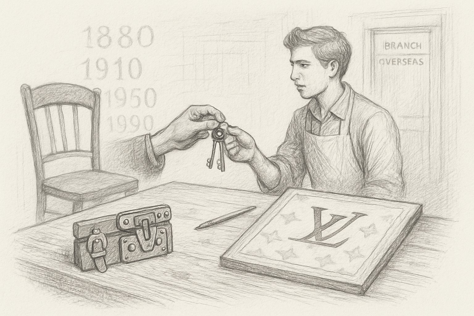 モノグラムを世に出したのは創業者ではなく継承者ジョルジュであり、真似されない鍵と真似されない柄が同じ発想の根から生まれたことを理解させる