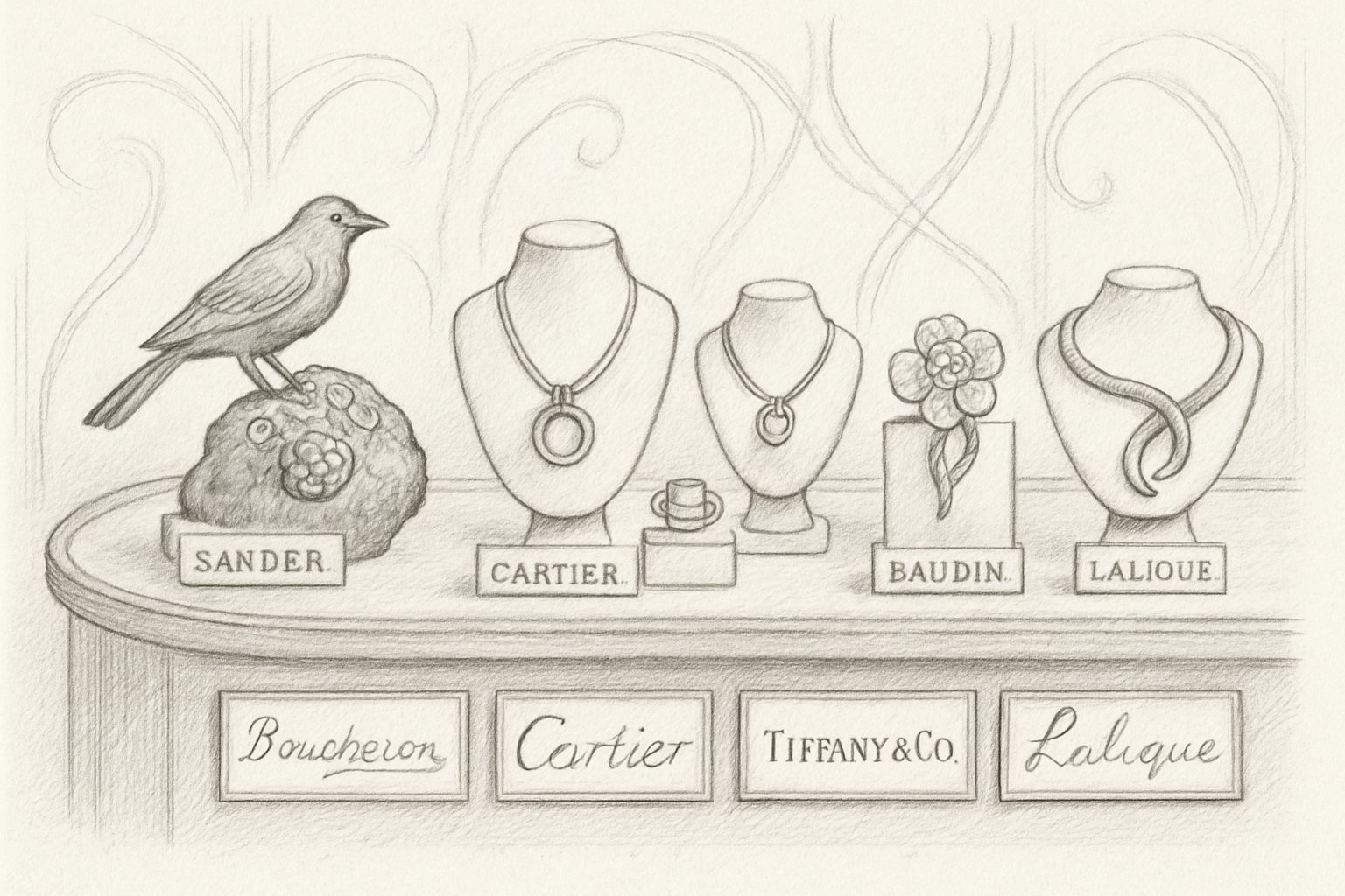 20世紀のTiffanyが外部作家の名を掲げて宝飾の格を保ってきた系譜を理解させる。