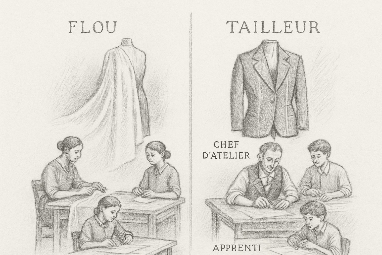 flouとtailleurの二部門分業と、第一級お針子から見習いまでの徒弟制の階層構造を理解させる