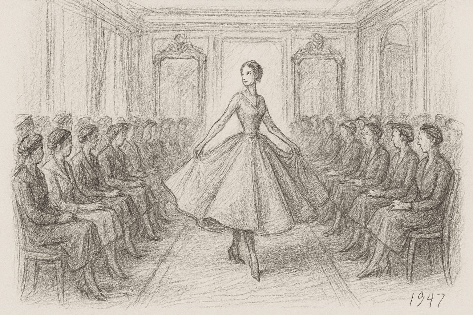 1947年2月12日、Avenue Montaigne 30番地のサロンという具体的な場所と時点でニュールックが産声を上げたこと、正式名は「Corolle」だったことを歴史的場面として理解させる