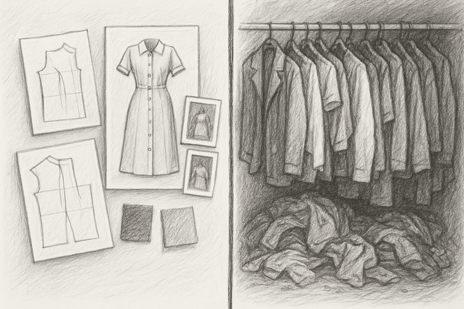 完成した服だけでなくスケッチや型紙まで含む一方、私的な寄せ集めは外れる境界を理解させる