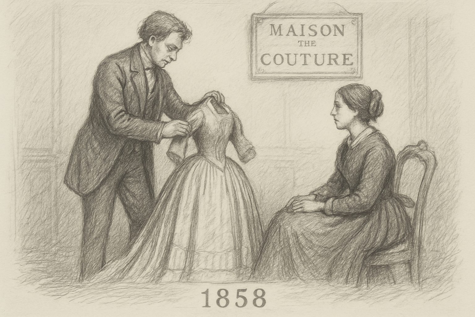 オートクチュールが1858年のCharles Frederick Worthによる工房設立から制度として始まったことを理解させる
