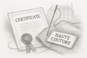 オートクチュールが値段や豪華さでなく、法で守られた制度上の称号であることを一枚で把握させる