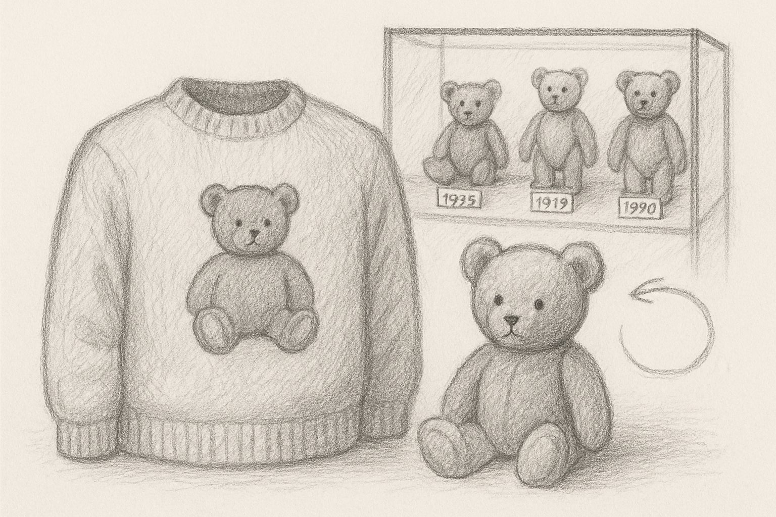 ポロベアが衣服の中に編み込まれる図像と独立した人形という二つの身体を持ち、収集の対象として循環する——世界を所有する取引の反復を理解させる