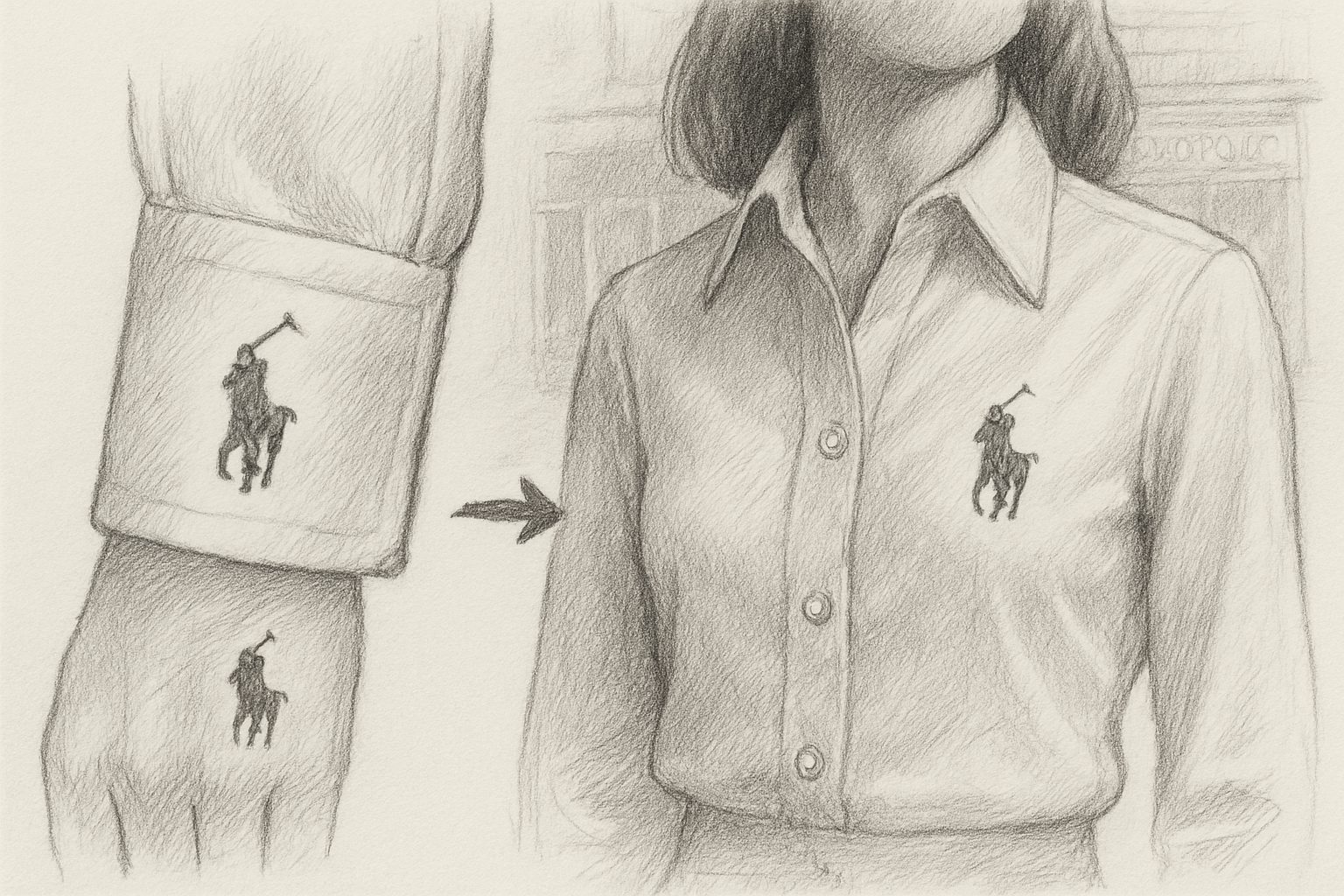 エンブレムが胸ではなく女性服の袖口から始まったという前史を示し、記号の置き場所が声量を決めることを理解させる