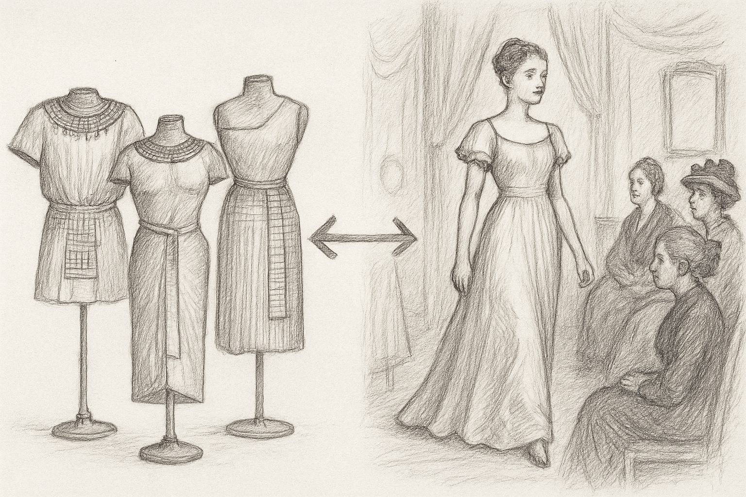 古代の衣服陳列から19世紀パリでCharles Frederick Worthが注文と制作の順序を逆転させ、生きたモデルに着せた転換を理解させる
